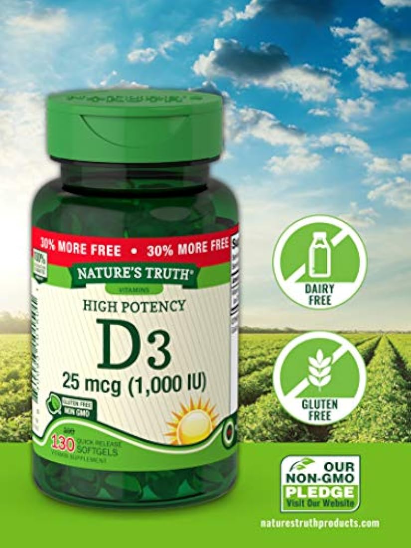 Vitamina D3 1000 UI | 130 cápsulas blandas | Alta potencia D | Sin OMG, sin gluten, sin soja | por Nature 's Truth