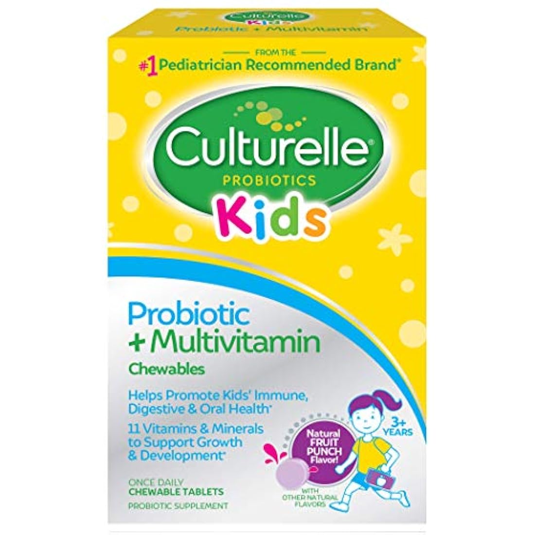 Culturelle Complemento de probióticos y multivitamínico para niños, masticable para el apoyo digestivo y apoyo inmunitario - Excelente fuente de las vitaminas antioxidantes A, C y E - Contiene LGG, el probiótico probado, 1