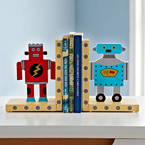 JHNIF un par de sujetalibros robots de madera rojo y azul