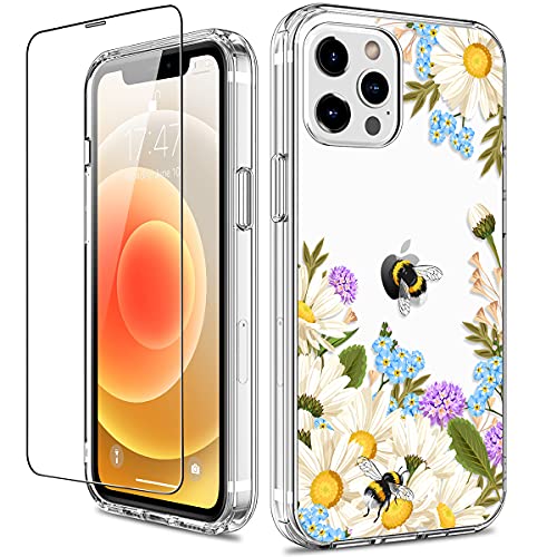 GiiKa Funda para iPhone 12 Pro Max con protector de pantalla, transparente de cuerpo completo a prueba de golpes de protección floral niñas mujeres caso duro con TPU parachoques cubierta teléfono caso para iPhone 12 Pro Max, flores blancas