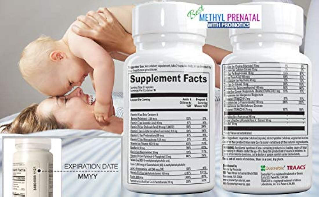 Power By Naturals - Best Methyl Prenatal Vitamins with Probiotics, l-methylfolate, Methylcobalamin (Active B12), Iron, Iodine - All Essential Nutrients for Healthy Mom and Baby -60-Caps-Dr Formulated