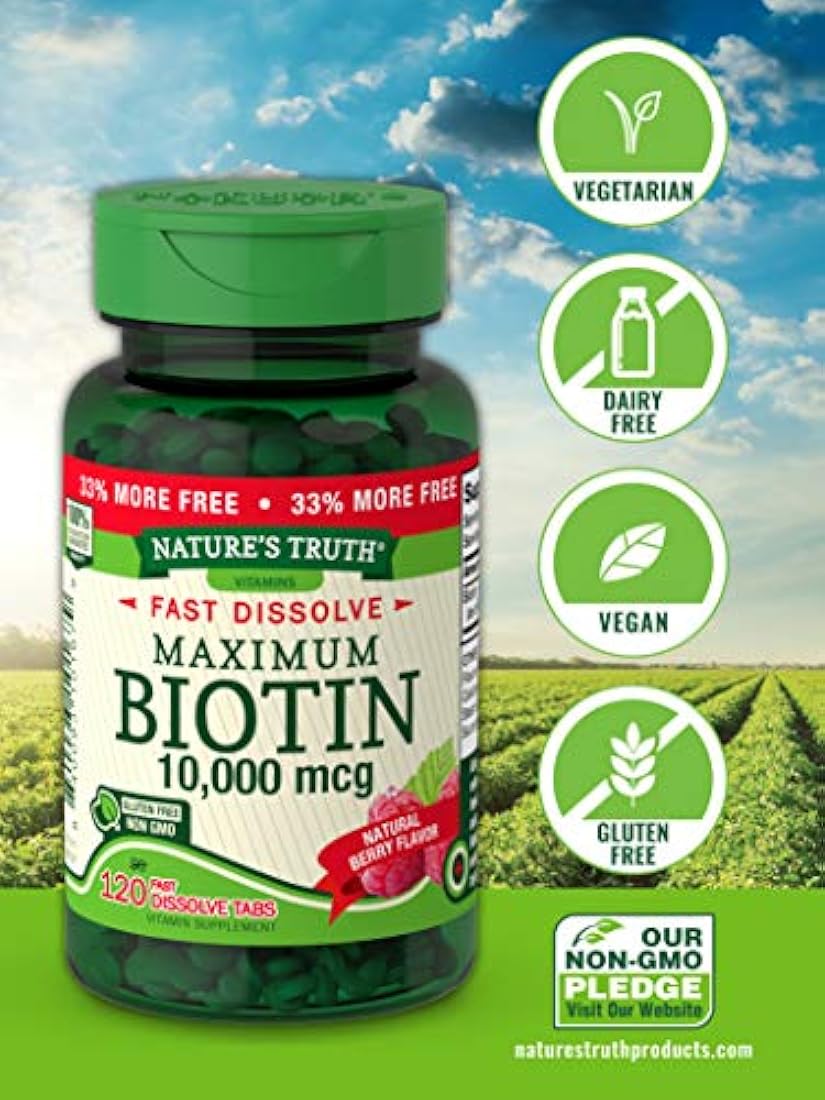 Biotin 10000mcg | 120 comprimidos de disolución rápida | Máxima fuerza | Suplemento para piel y uñas del cabello | Sabor natural de bayas | Vegetariano, sin OMG, sin gluten | por Nature 's Truth