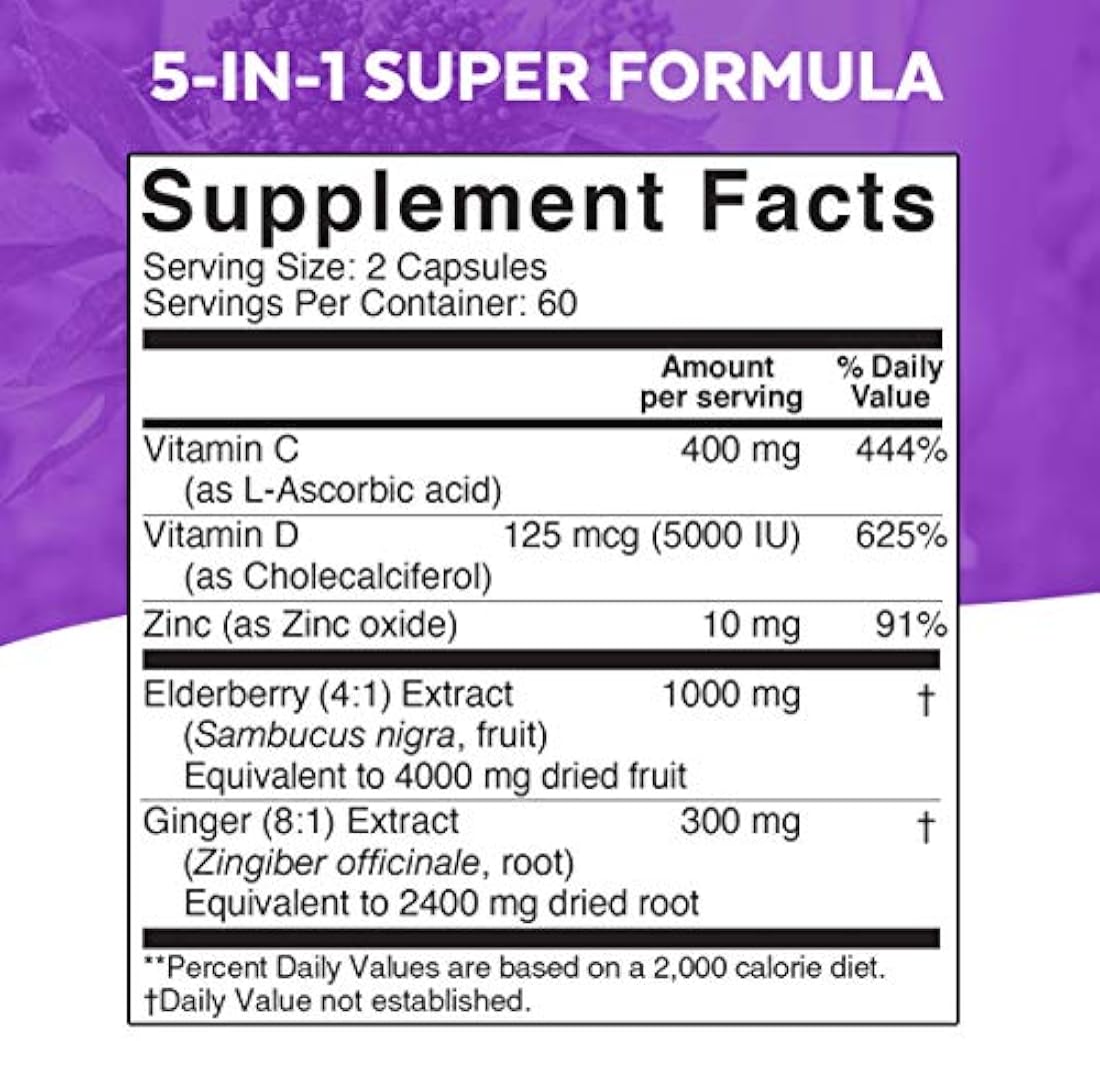 Vitamina C, Zinc, Vitamina D 5000 IU y jengibre 120 cápsulas