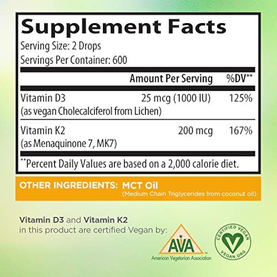 Vitamina vegana D3 K2 gotas líquidas con aceite de coco