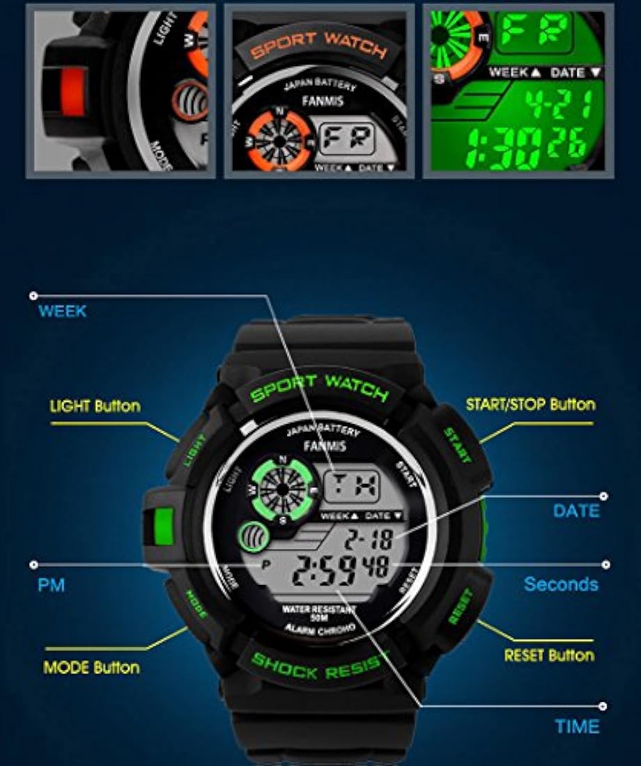 fanmis Militar Mens Deporte Watches Multi Función Impermeable despertador digital negro correa de hule reloj verde