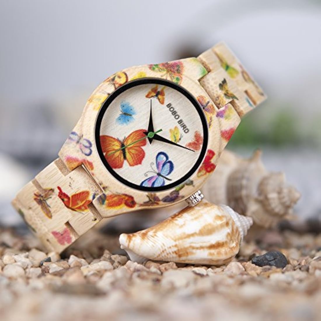 Reloj de bambú para mujer Mariposa grabado casuales