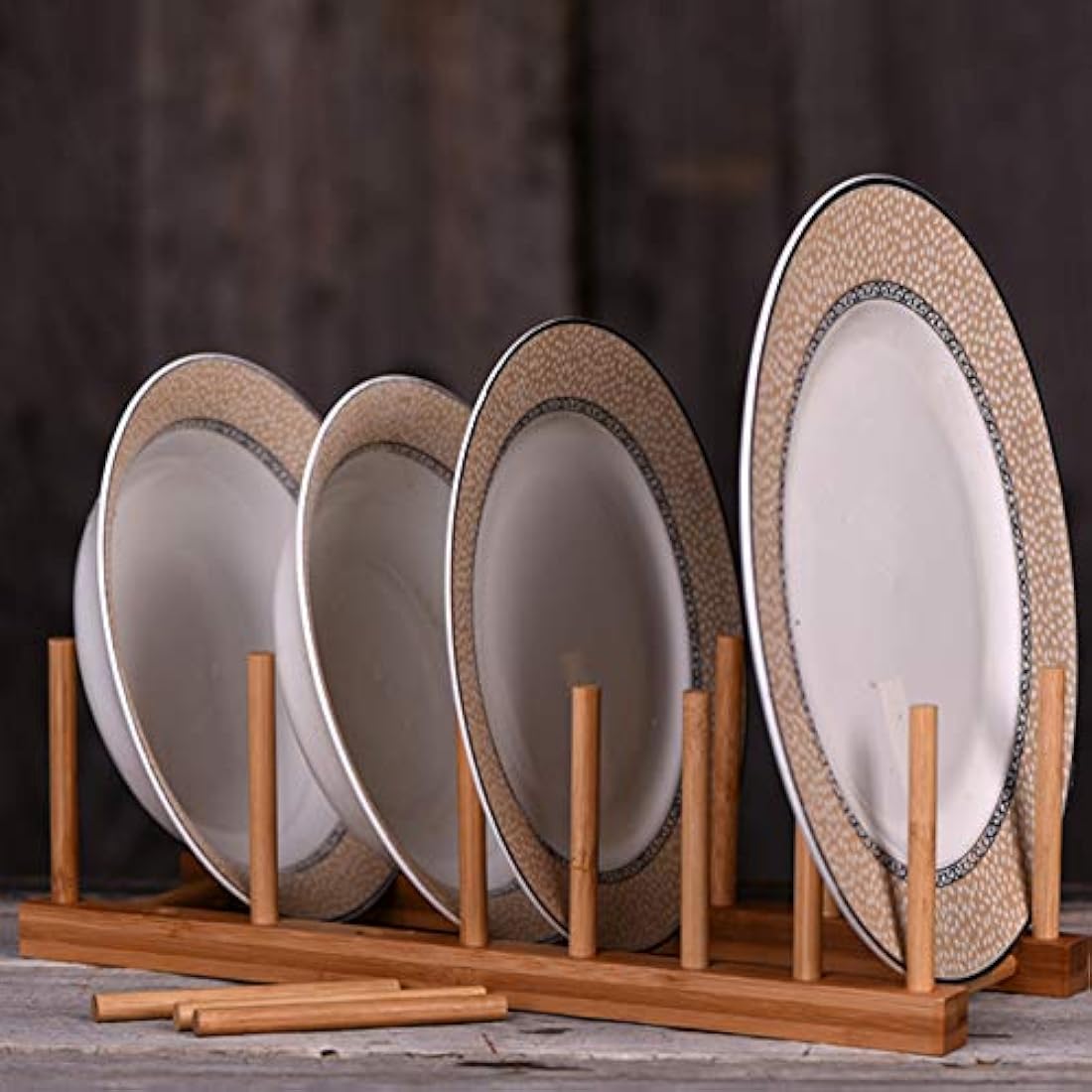 Soporte para platos de madera de bambú 8 ranuras