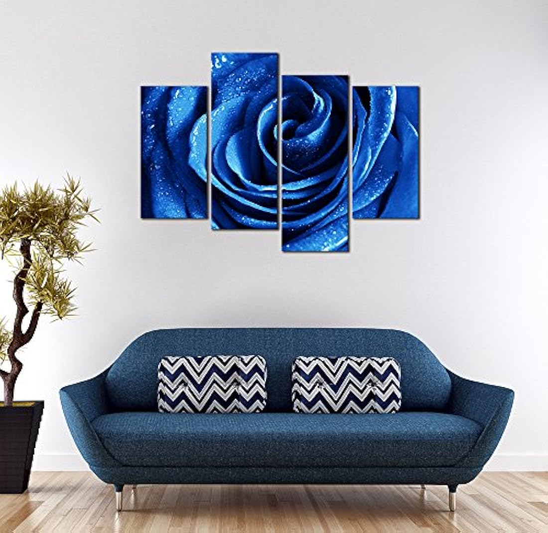 Cuadro decorativo de 4 pligues para pared floral, azul