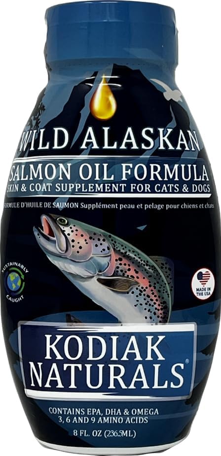 Fórmula de aceite de salmón salvaje de Alaska de 8 onzas para perros y gatos, una mezcla equilibrada de aceites de pescado puros con EPA y DHA de peces capturados en la naturaleza.