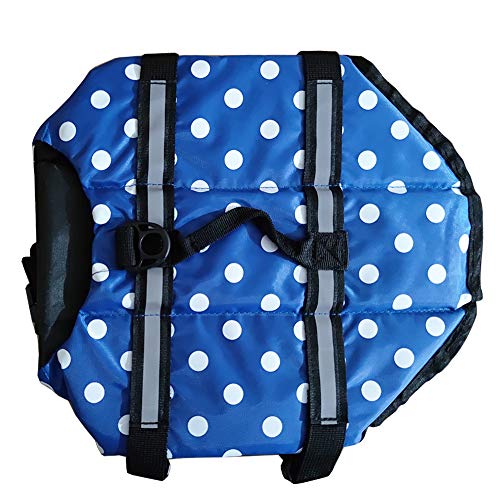 Chaleco salvavidas para perro, cinturón ajustable de fácil ajuste, protector de mascotas, traje de baño de seguridad con rayas reflectantes para perrito (XS, moteado y azul)