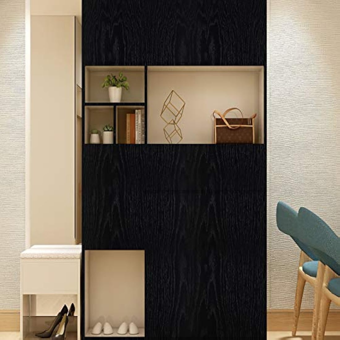 Papel autoadhesivo estilo madera negra(196.85x24.02x0.01)