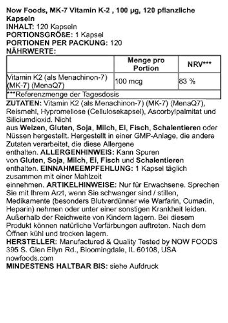 Now Suplementos, MK-7 Vitamina K-2 100 mcg, apoyo cardiovascular*, apoya la salud ósea*, 120 cápsulas de veg