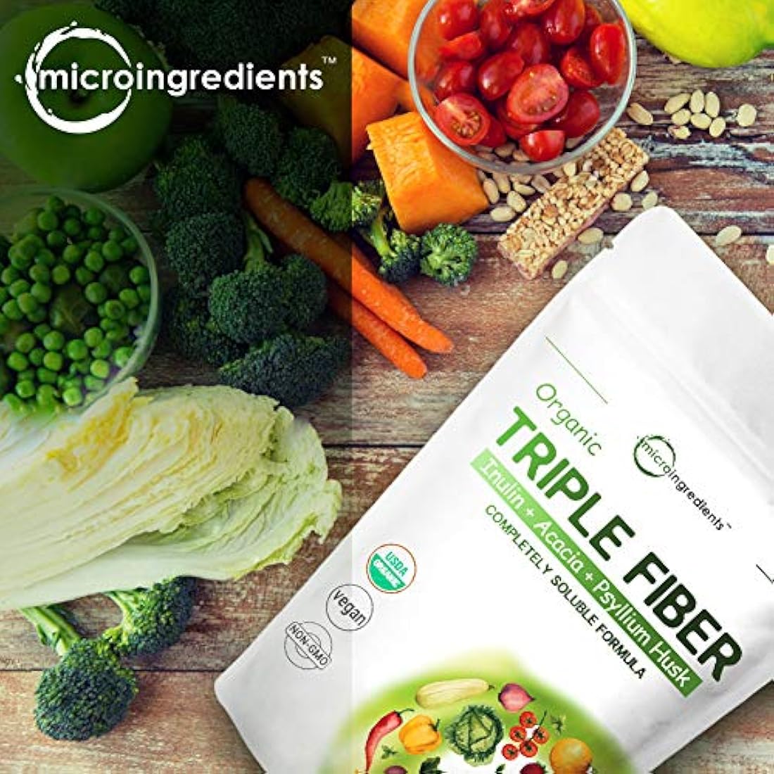 Suplemento orgánico triple de fibra dietética en polvo para la salud digestiva, 2 libras (32 onzas), todo natural, transparente, soluble en agua y libre de sabor, no transgénicos y veganos, 1