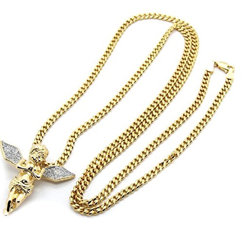 Colgante de ángel con alas doradas y estrellas plateadas