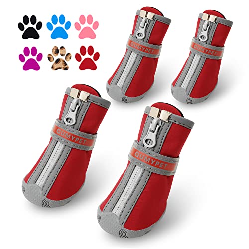 QUMY - Botas para perros pequeños y cachorros, impermeables, para la nieve del invierno, con franja reflectante, suaves y cómodas, con suela de goma antideslizante, color rojo, 4 unidades