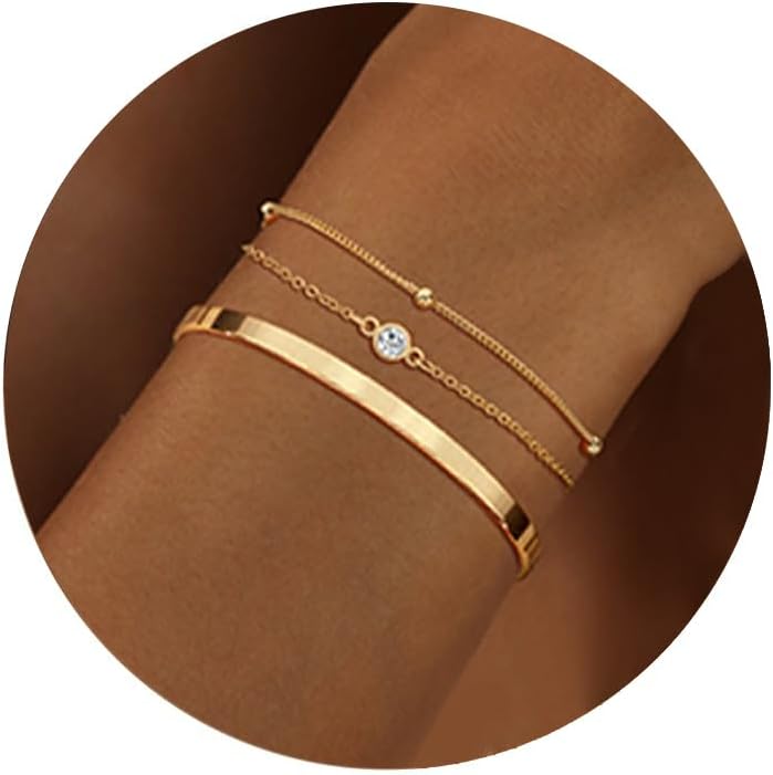 juego de pulseras de oro real de 14 quilates para mujer