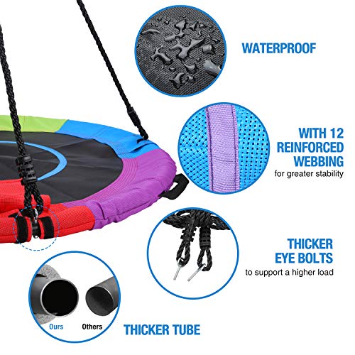 Trekassy 750lbs 40 pulgadas platillo árbol columpio para niños adultos Textilene resistente al desgaste con almohada, giratoria, 2 unidades de 10 pies para colgar árboles