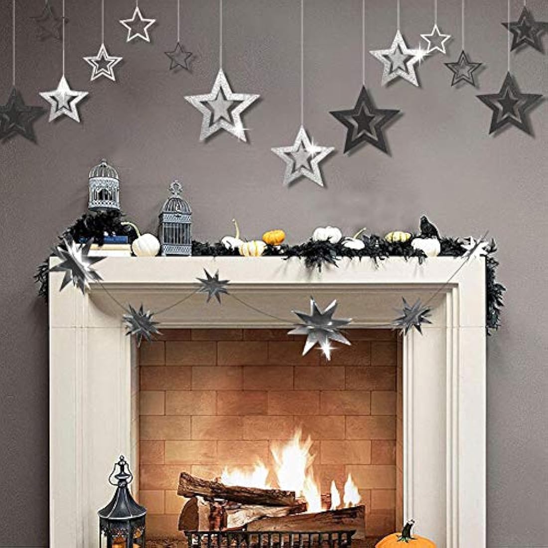 Glitter Negro Carbón Gris Plata Estrella Guirnalda