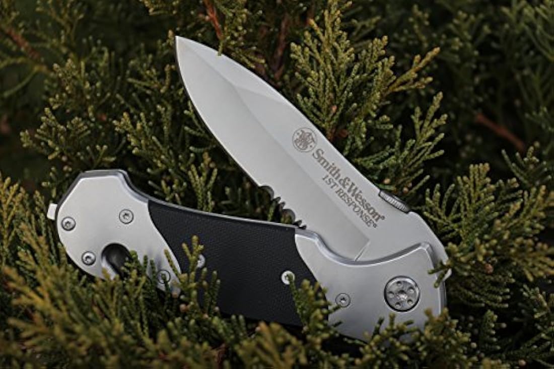 cuchillo plegable con traba, hoja parcialmente dentado
