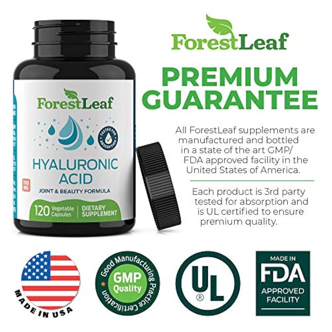 Hyaluronic Acid Dietary Supplement, 100 mg - 120 Vegetable Capsules – Joints, Bones and Connective Tissue Formula - Daily Anti Aging Beauty Serum for Healthy Skin, Hair and Eyes – by ForestLeaf
