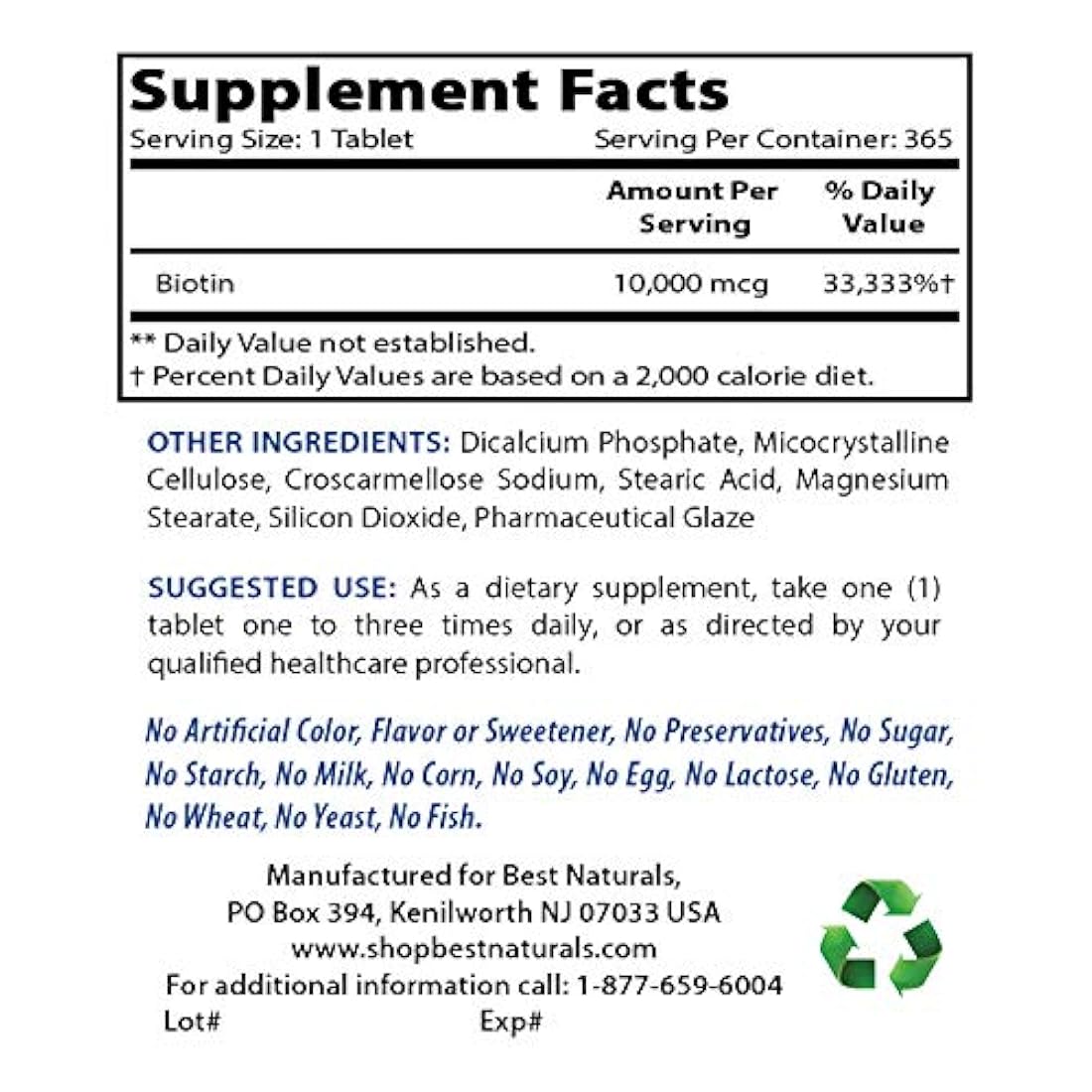 Best Naturals Biotina (también llamada vitamina B7), 10.000 mcg, 365 días de suministro (1 año de suministro), 365 tabletas