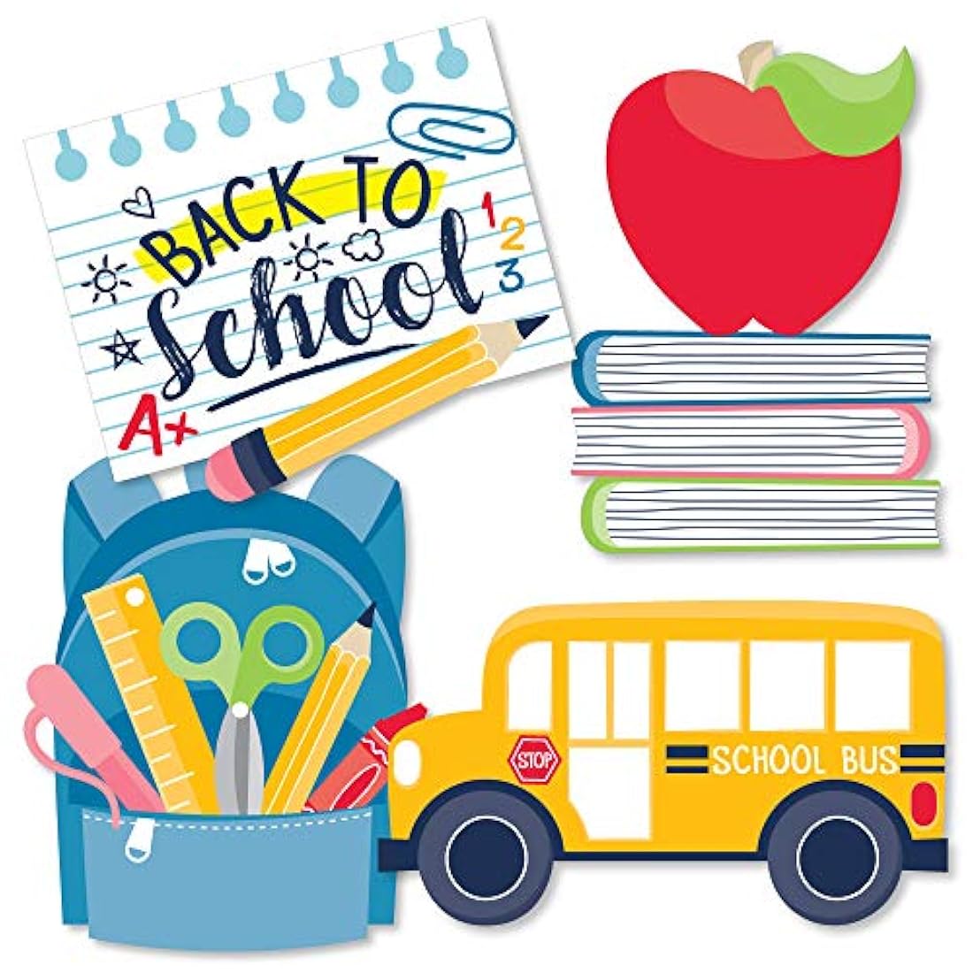 Mochila, autobús escolar, manzana y libros de decoración