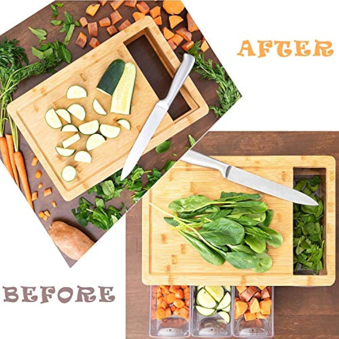 Tabla de cortar de bambú con bandejas y tapas.