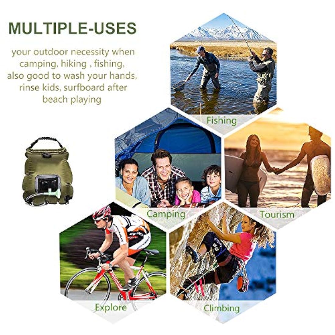 Bolsa de ducha solar, 5 galones / 20 L, con manguera