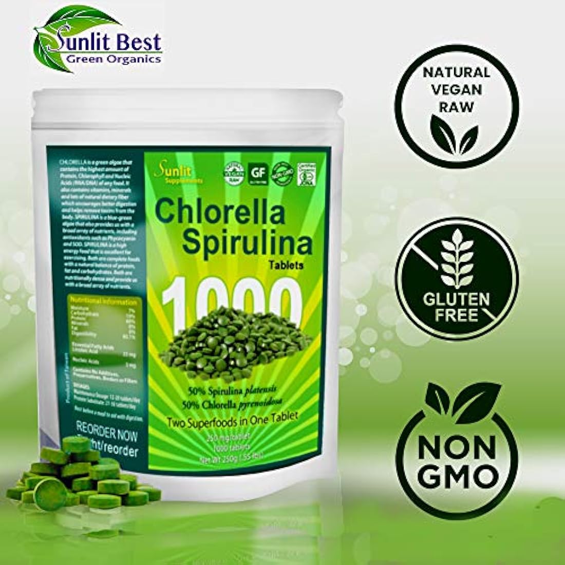 Comprimidos de chlorela y spirulina (paquete grande de 1000)