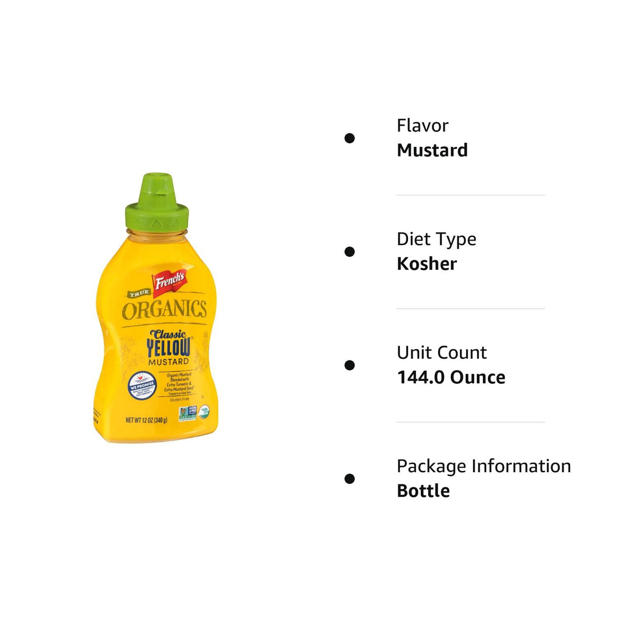 French's True Organics Classic - Mostaza amarilla, 12 onzas (paquete de 12)