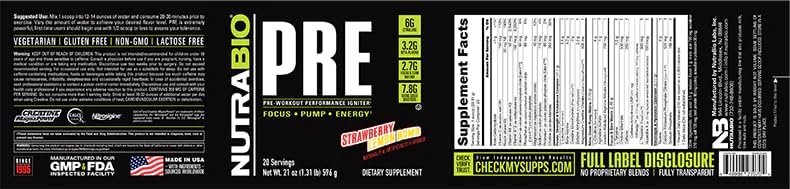 Suplemento NutraBio PRE Entrenamiento V5 de fresa y limón