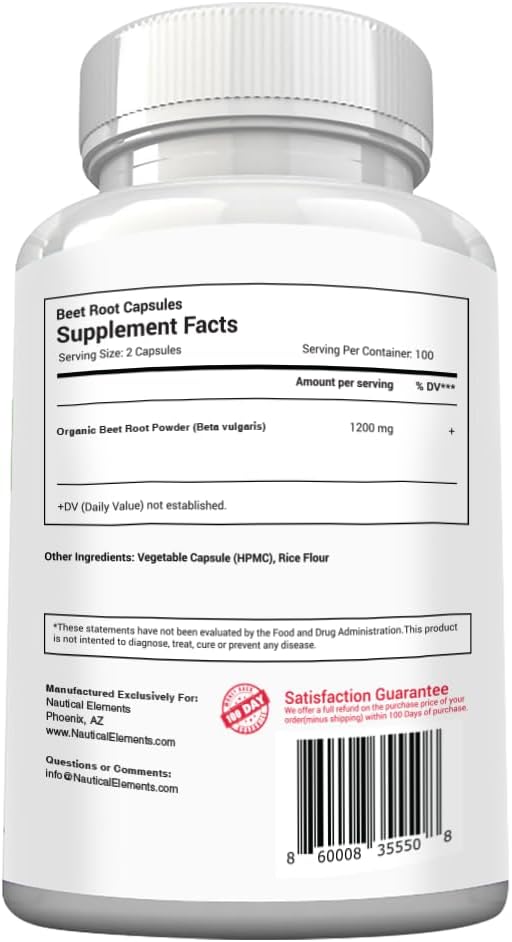 Cápsulas de Remolacha 1200mg, 200 cápsulas, Sin GMO, Sin Gluten