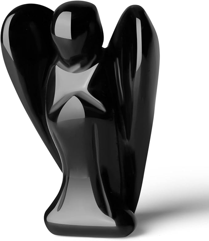 QINJIEJIE Cristales de ángel de obsidiana negra, decoración de ángel de la guarda de bolsillo curativo pulido, piedra preciosa tallada, estatua de ángel de la paz, regalo espiritual, protección para
