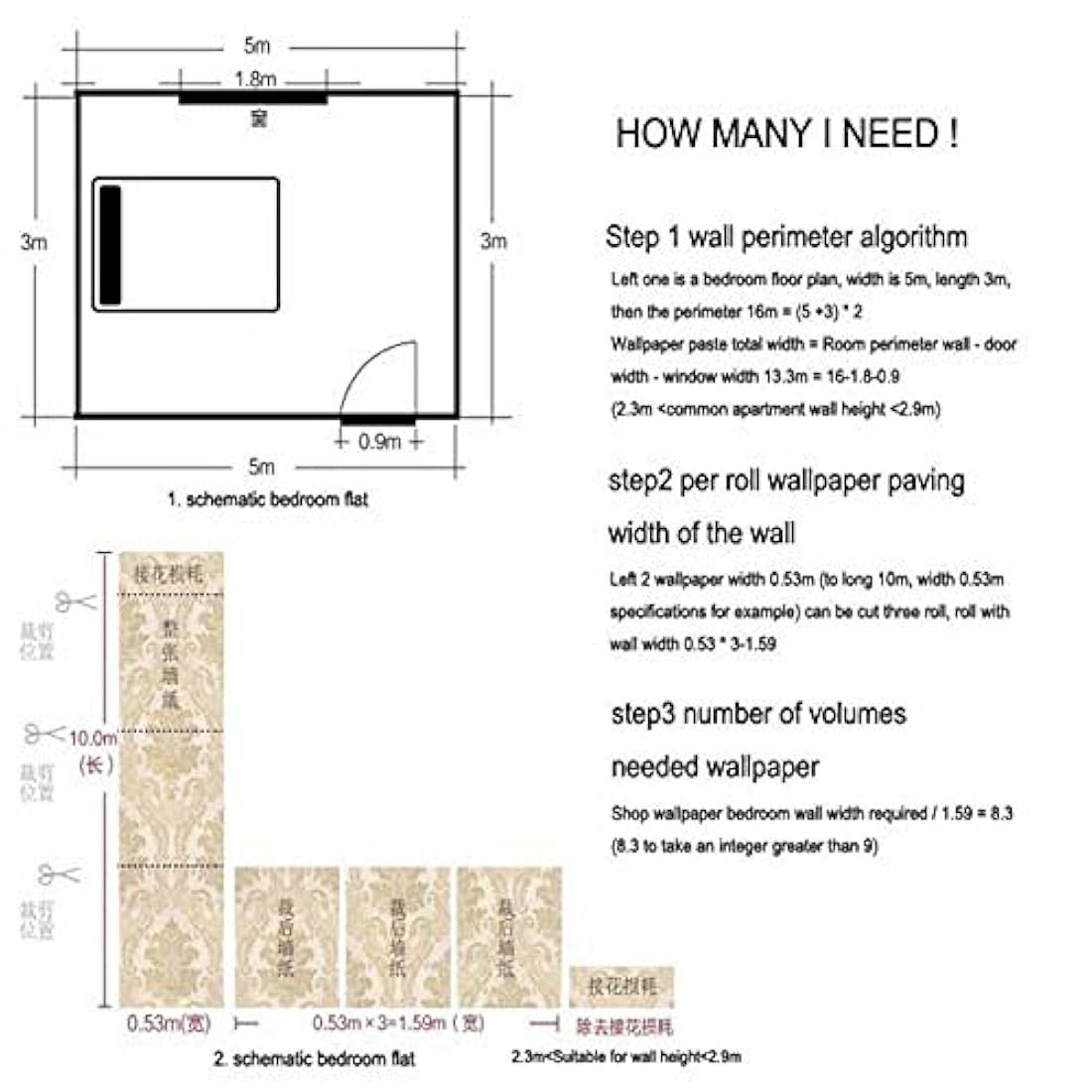 Papel vinilo estilo Damasco negro(1.7 ft x 32.8 ft)