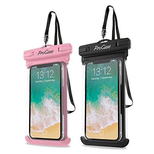 ProCase Funda universal impermeable para teléfono compatible con iPhone 13 Pro Max Mini, 12 11 Pro Max XR XS X 8 7 6S Plus SE, Galaxy S21 S20 S10 S9 Note 10 9 Pixel hasta 7 pulgadas, paquete de 2, rosa/negro
