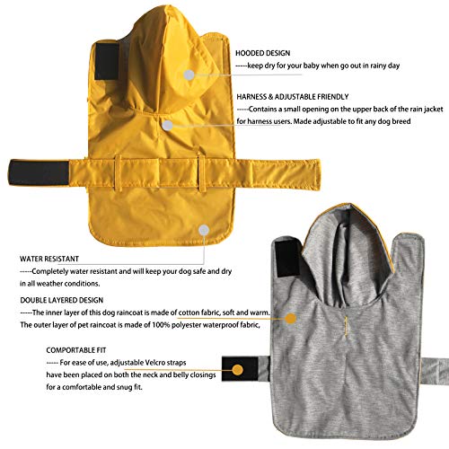 LeerKing Poncho impermeable para perros con forro de algodón, agujero para correa, chaqueta impermeable con capucha, 10 tamaños para perros pequeños, medianos y grandes, amarillo, XXS