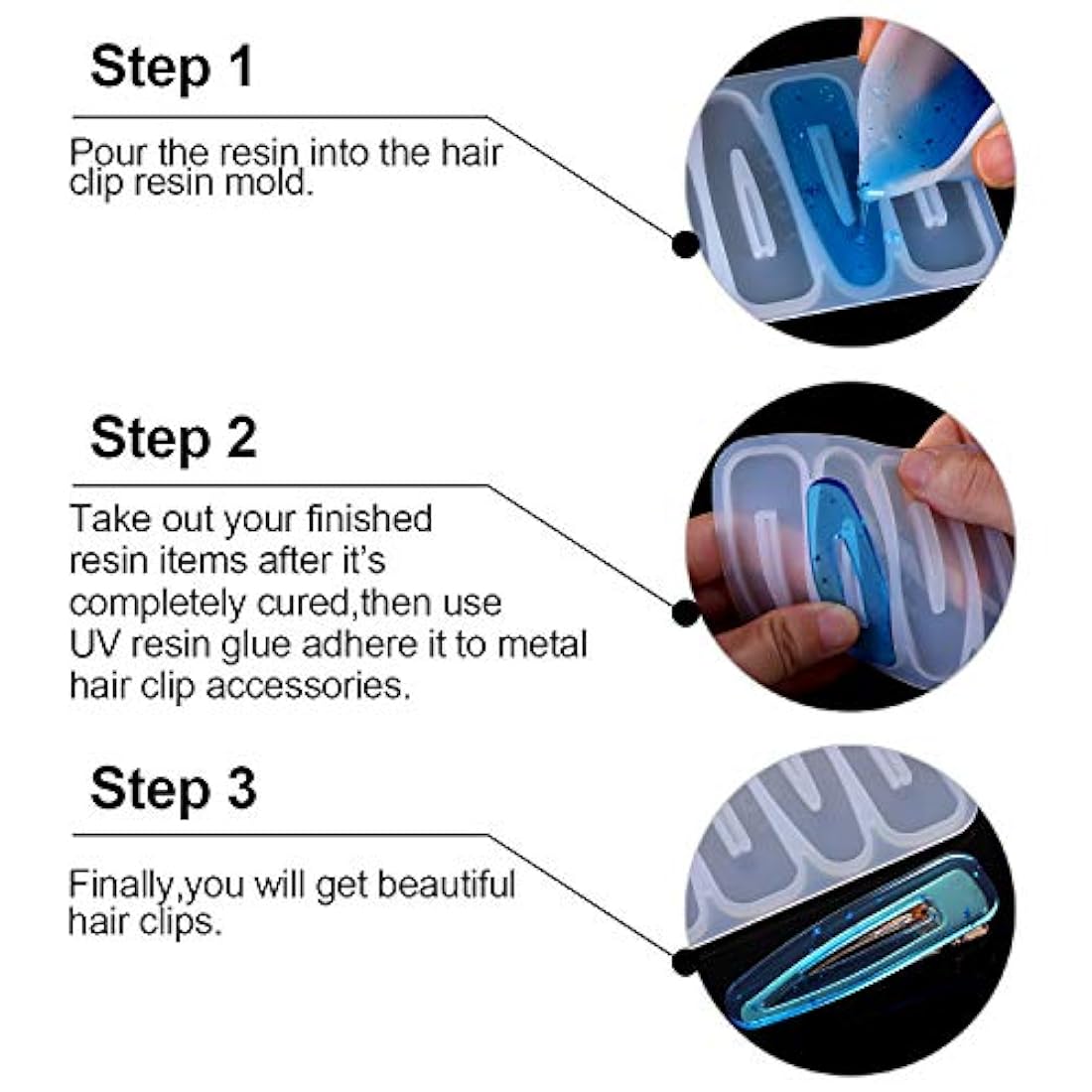 Juego de moldes para moldear horquillas de pelo de 36 piezas, incluye 6 piezas de moldes de resina de silicona, moldes de joyería, 30 piezas de horquillas para horquillas de resina epoxi para el pelo, llavero, marcador, colgante