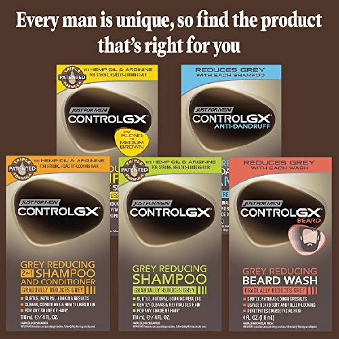 Just For Men Control GX - Lavado de barba reductor de color gris, Da color gradualmente al bigote y la barba, Lavado de barba., paquete de de 1