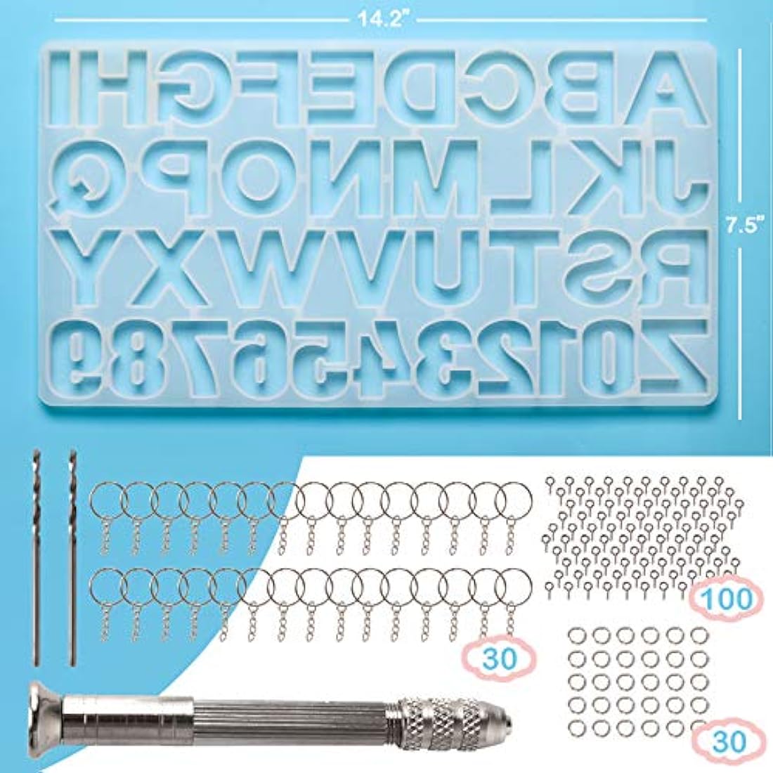 Mocoosy - Juego de moldes de resina epoxi para llaveros, con 1 taladro manual, 2 brocas de taladro, 30 llaveros, 100 pernos de tornillo, 134 unidades