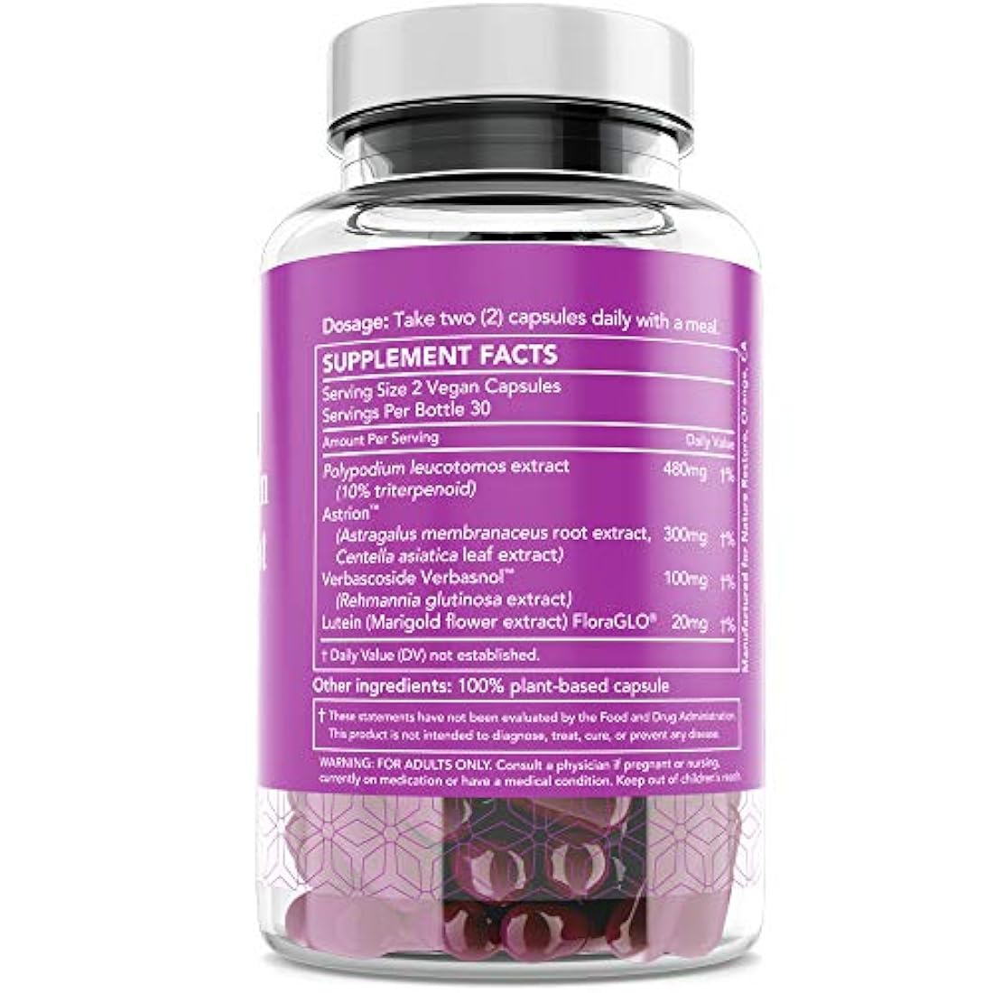 Accesorio para la piel más inteligente, belleza, formulado con leucotomos de polipodio de 240 mg, lutein de 20 mg, 50 mg de verbascosida