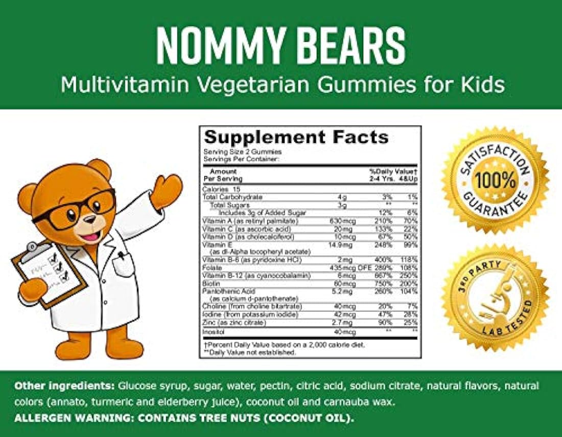 Nommy Bears - Gomitas sin gelatina multivitamina, para niños, adolescentes, adultos, 5 deliciosos sabores, 11 esenciales, sin gluten, halal/kosher, aprobado para mamá, formas de oso vegetariano