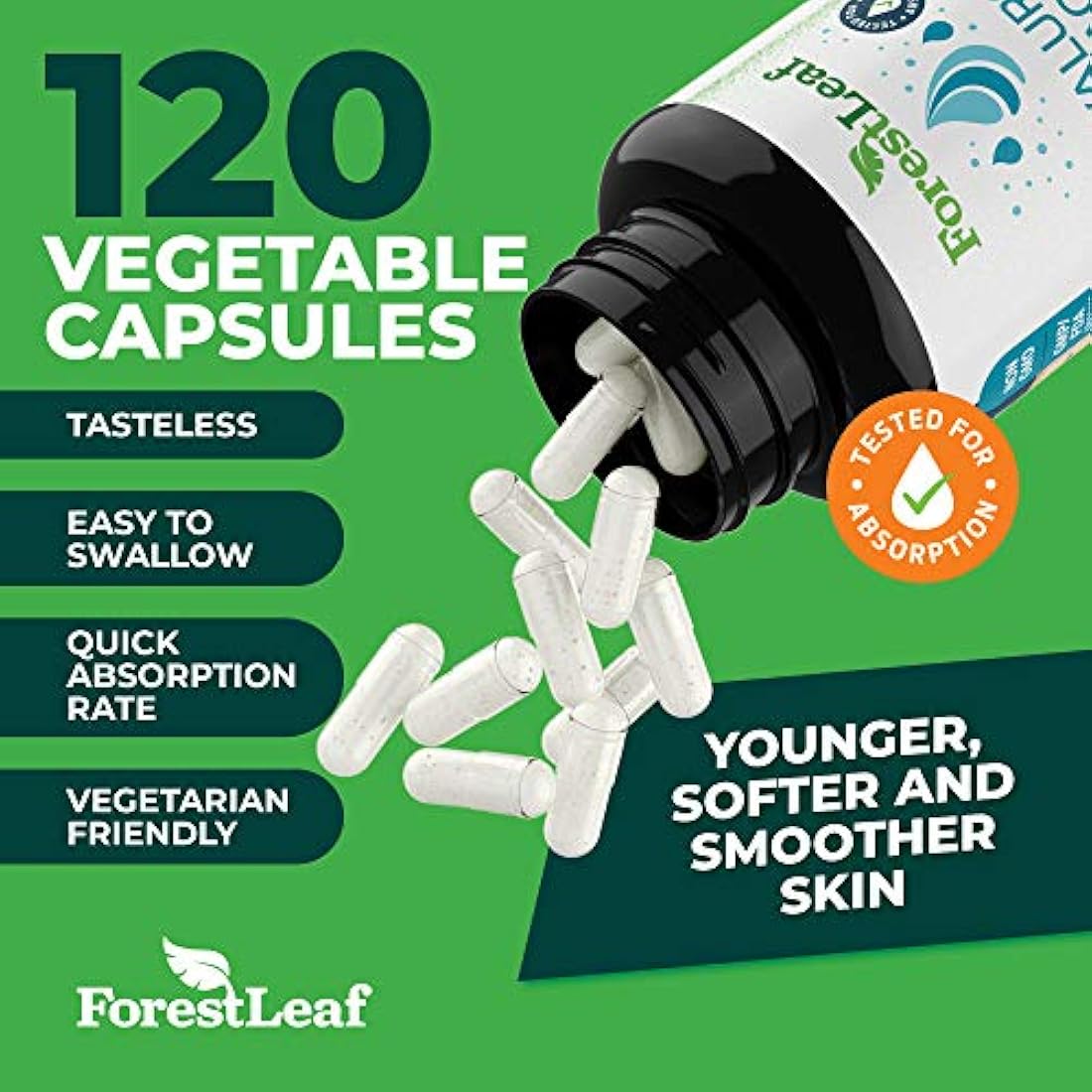 Hyaluronic Acid Dietary Supplement, 100 mg - 120 Vegetable Capsules – Joints, Bones and Connective Tissue Formula - Daily Anti Aging Beauty Serum for Healthy Skin, Hair and Eyes – by ForestLeaf