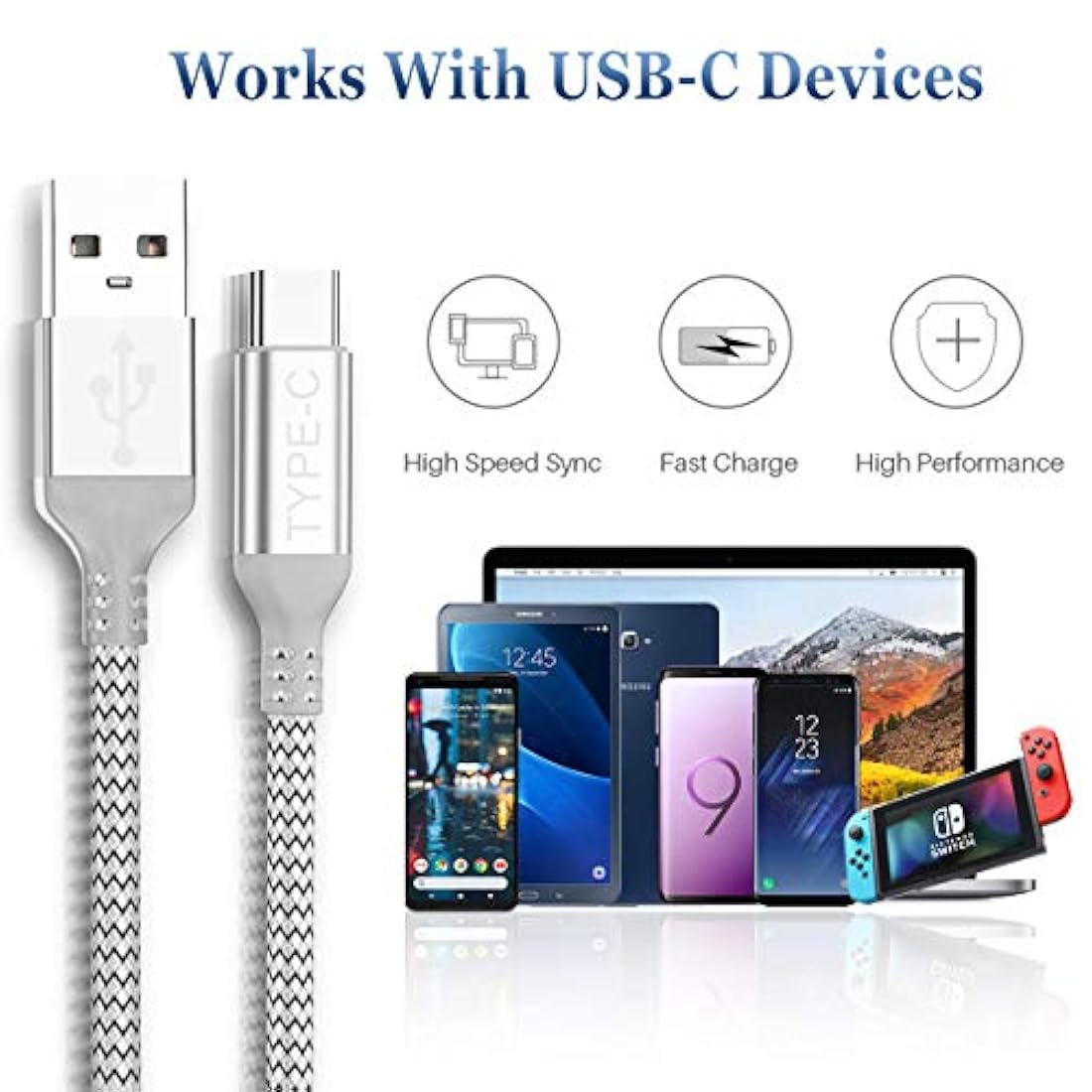 Cable USB tipo C paquete de 2 unidades de 6.6 ft, USB-C a US