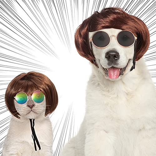 MTLEE 6 pelucas divertidas para perros, peluca de perro retro para mascotas, gafas de sol redondas para perros, disfraces de cosplay, accesorios para perros pequeños, para decoración de fiestas navideñas