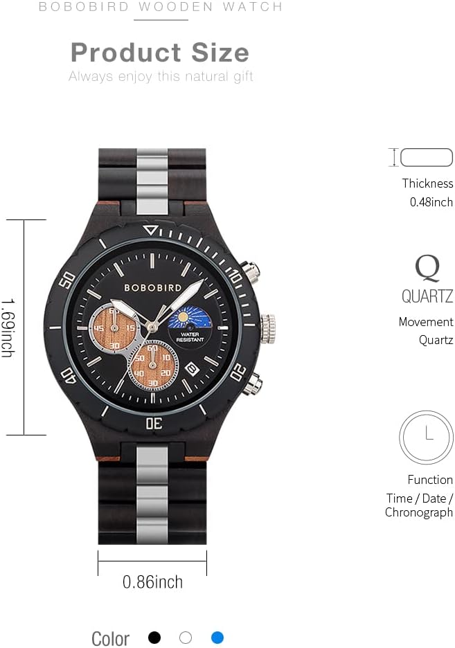 Reloj de madera de cuarzo para hombre visualización de fecha