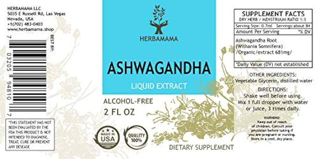 Ashwagandha Extracto de líquido 2 fl oz Raíz de Ashwagandha