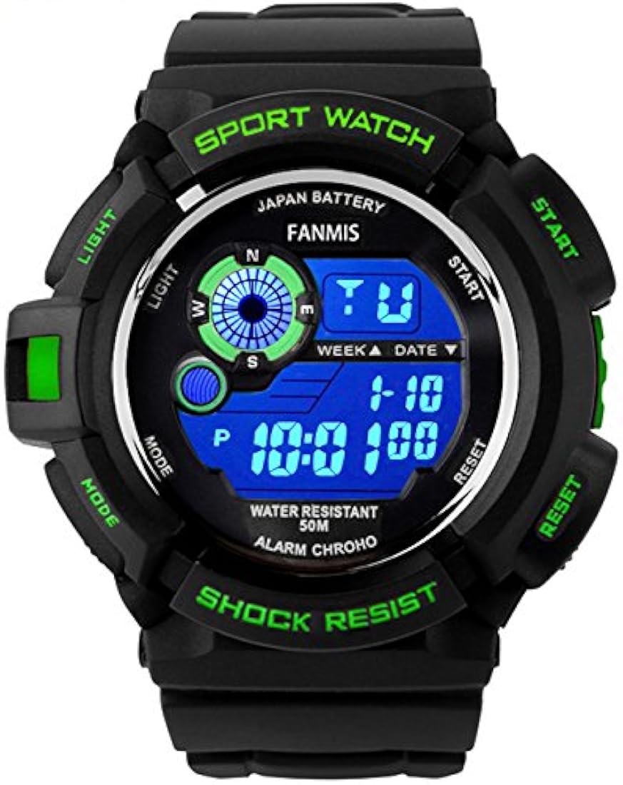 fanmis Militar Mens Deporte Watches Multi Función Impermeable despertador digital negro correa de hule reloj verde