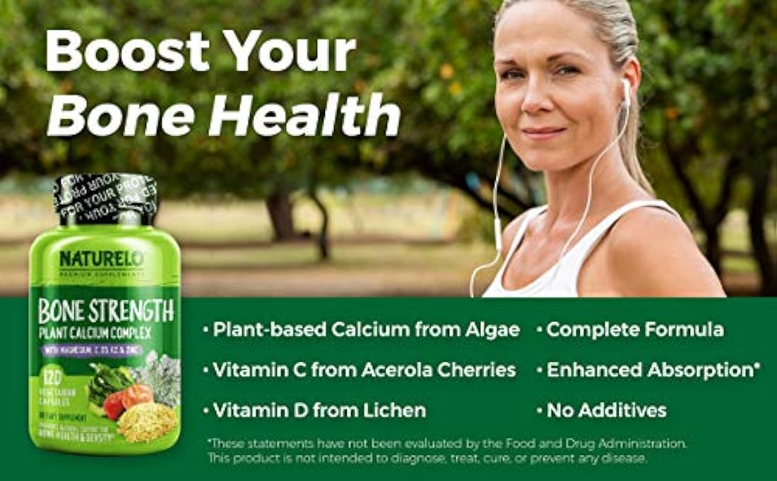 Natururelo - Fuerza ósea a base de plantas de calcio, magnesio, potasio, vitamina D3, VIT C, K2 - OMG, soja, ingredientes sin gluten, el mejor suplemento alimenticio completo para la salud ósea - 120 cápsulas vegetarianas