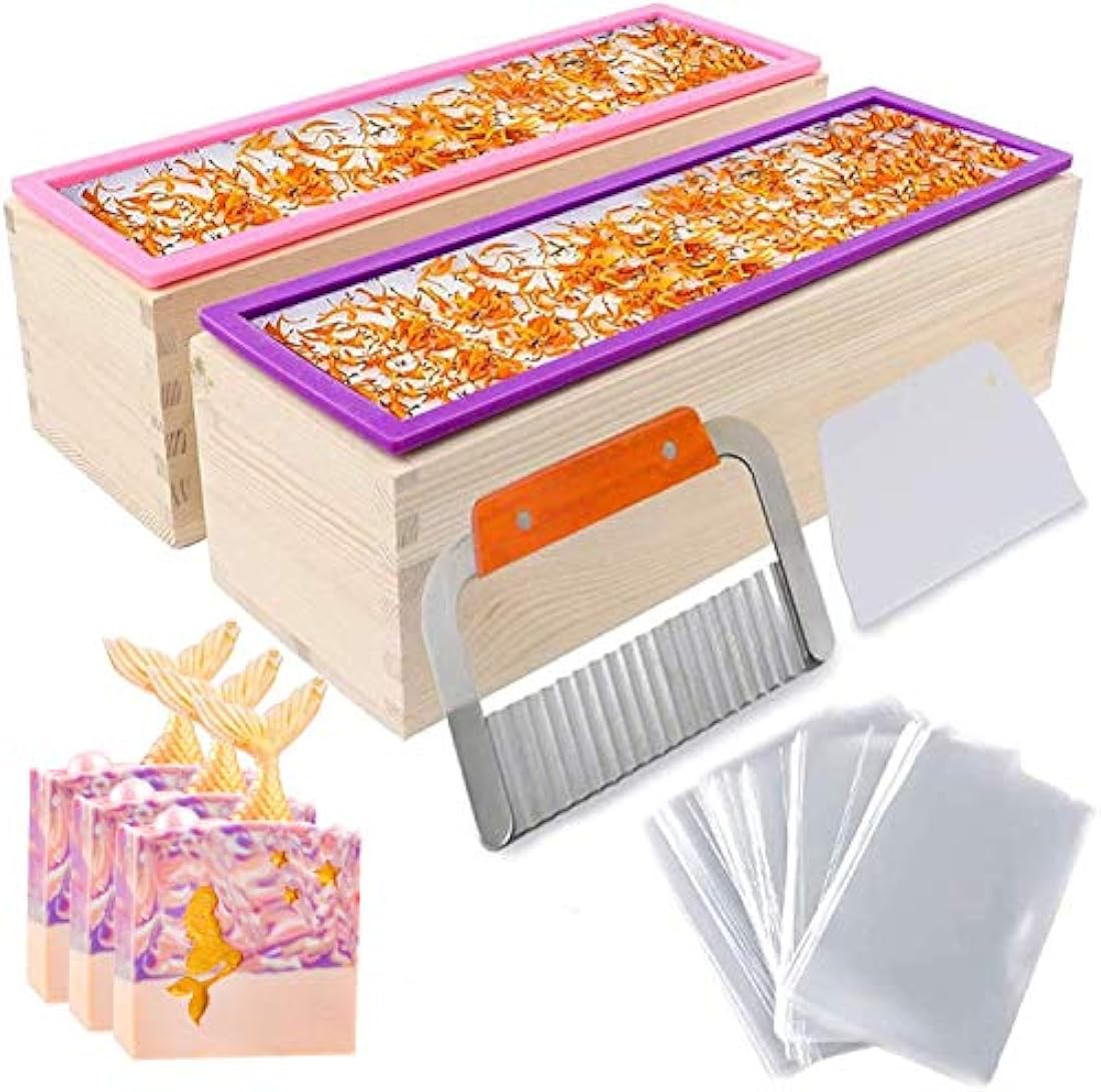 YGEOMER - Juego de 2 moldes rectangulares de silicona para hacer jabón, con cajas de madera, 2 cortadores y 100 bolsas de 3.9 x 5.9 in