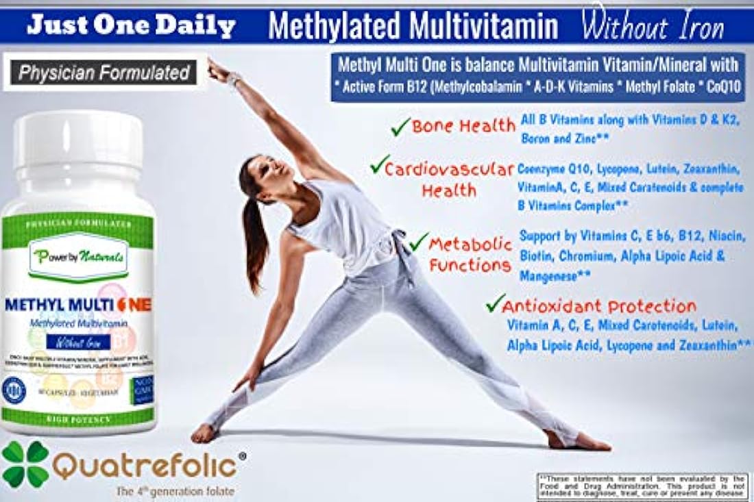 Power By Naturals - Methyl Multi One Without Iron - Once Daily MTHFR Support Supplement - Methylation Protect Methylated B12 Multivitamin with ADK, CoQ10, Quatrefolic Methylfolate - 60ct Vitamins